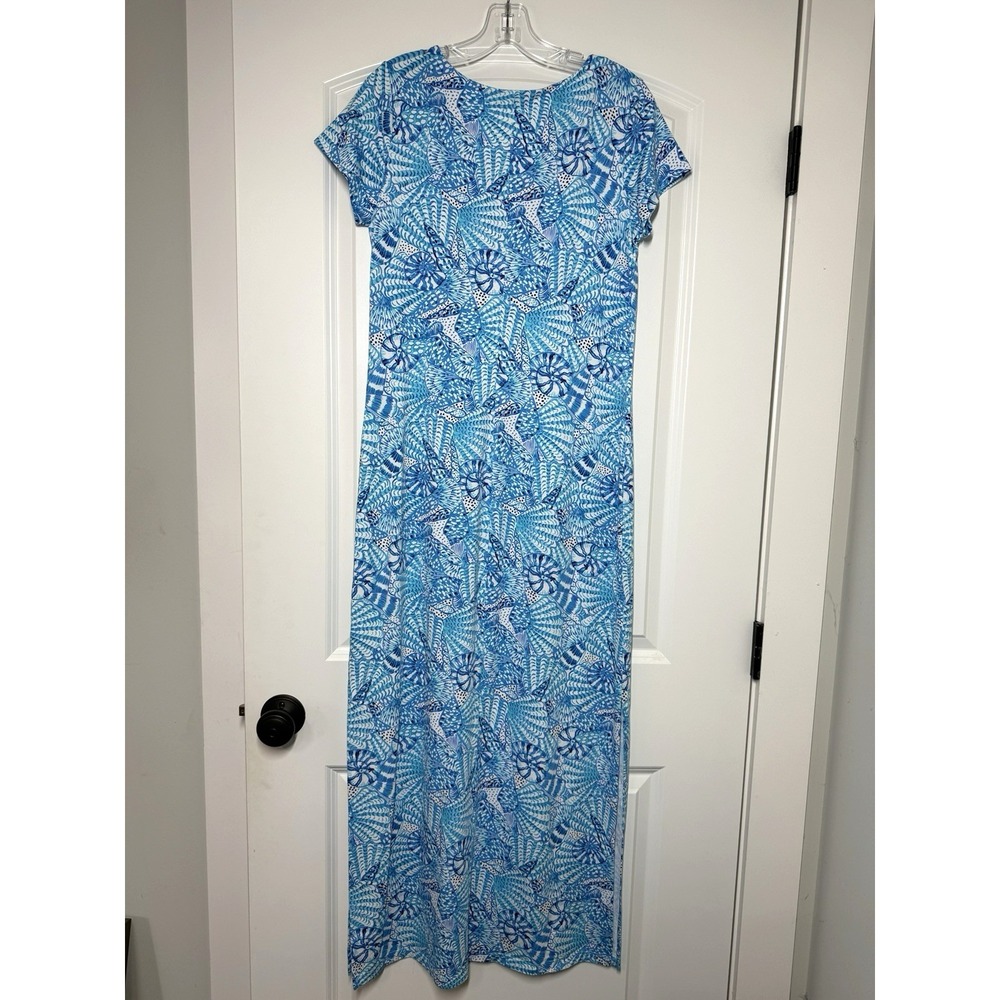 Lilly Pulitzer Solsana Maxi Dress Womens Medium Blue Shell Print UPF 50+ Knit - Picture 2 of 10